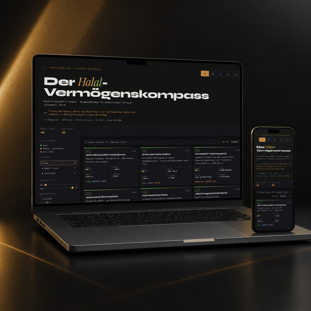 Der Halal-Vermögenskompass auf Laptop und Smartphone